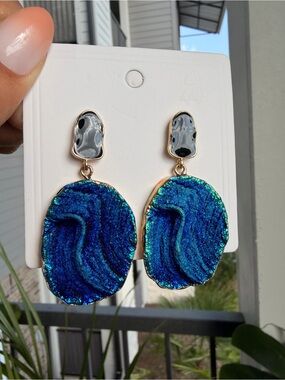Blue Iridescent Druzy Drop Earrings